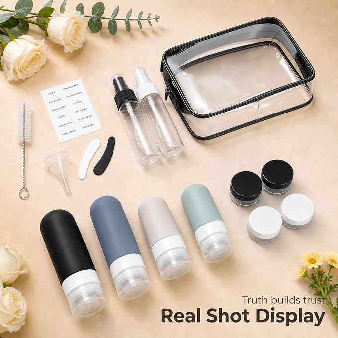 17 Pack Travel Bottles for Toiletries, TSA Approved Leak Proof Silicone Travel Containers for Toiletries with Label-Black+DarkBlue+ DarkGreen+Khaki - Image 6