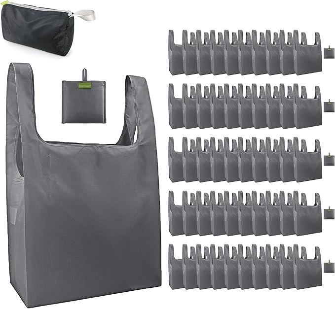 BeeGreen Grey Reusable Grocery Bags Wholesale Gray Reusable Kitchen Bags Bulk Foldable-Machine Washable with Zipper Storage Pouch 50 Packs by BeeGreen