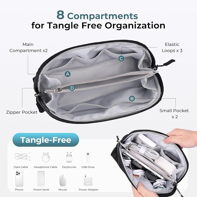 FYY Travel Cable Organizer - 8 Compartments, Lightweight, Water Repellent | With Wrist Strap, Portable Tech Pouch for Cord Charger, Travel and Business Trips Use, Soft Shell Nylon, Black (Medium) - Image 4