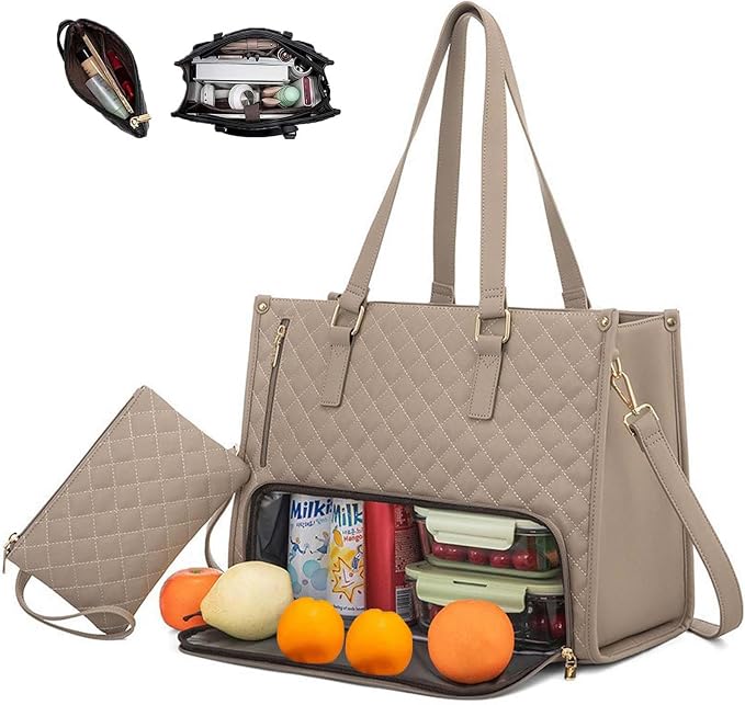 2 in 1 Tote Bag Lunch Bag Combo,Lunch Tote Bag for Women, Large Convertible Laptop Work Handbag for Women (Khaki) by Unknown