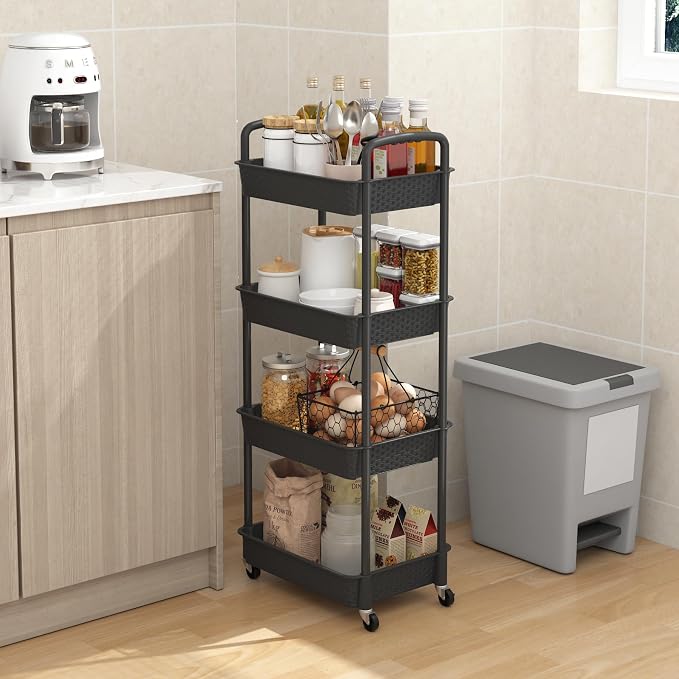 MOYIPIN 4-Tier Plastic Rolling Utility Cart with Handle, Black | Utility Storage Cart for Office, Living Room, Kitchen,Movable Storage Organizer，Easy installation，Rattan-like art design - Image 6