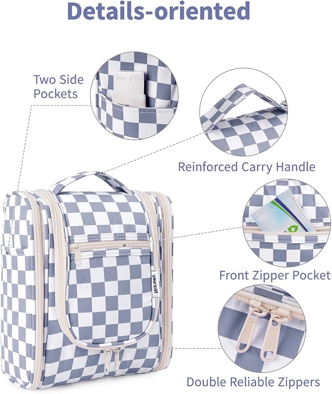 Narwey Small Checkered Hanging Travel Toiletry Bag for Women, Travel Bag for Toiletries, Makeup Bag Organizer Cosmetic Bags Make Up Bags for Women (Grayish Blue Checkerboard) - Image 6