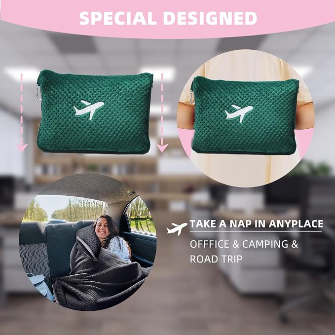 3 in 1 Travel Blanket Pillow Set - 350 GSM Thick Travel Blanket Airplane Compact with Bag, Soft Bag with a Pocket, Inflatable Travel Pillow for Camping & Car Trip (Dark Green) - Image 5
