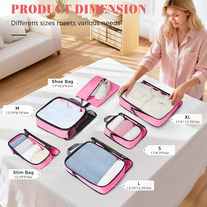 BAGAIL 4 Set/6 Set/8 Set Compression Packing Cubes Travel Accessories Expandable Packing Organizers (Half Mesh, 6-Pink) - Image 2