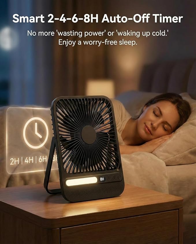 8000mAh Portable Travel Fan,7in 28hrs Ultra-Thin Desk Fan | USB Rechargeable Fan,1.65in Ultra-Thin,<42dB,with Timer,Light&Digital Display,Battery Powered Fan for Sleeping Hotel Cruise - Image 4