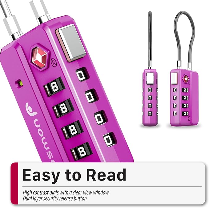 Fosmon TSA Approved Luggage Locks, 4 Digit Combination Cable Travel Lock for Suitcase & Backpack, Heavy Duty Metal Body Padlock with Open Alert Indicator (Purple, 2 Pack) - Image 8