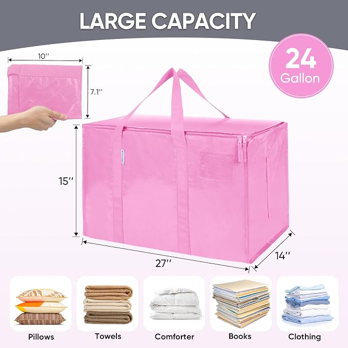 TICONN 2 Pack Extra Large Moving Bags Heavy Duty with Zippers & Carrying Handles, Durable Storage Bags Moving Boxes for Closet Organizers and Storage (2 Pack, Pink) - Image 5