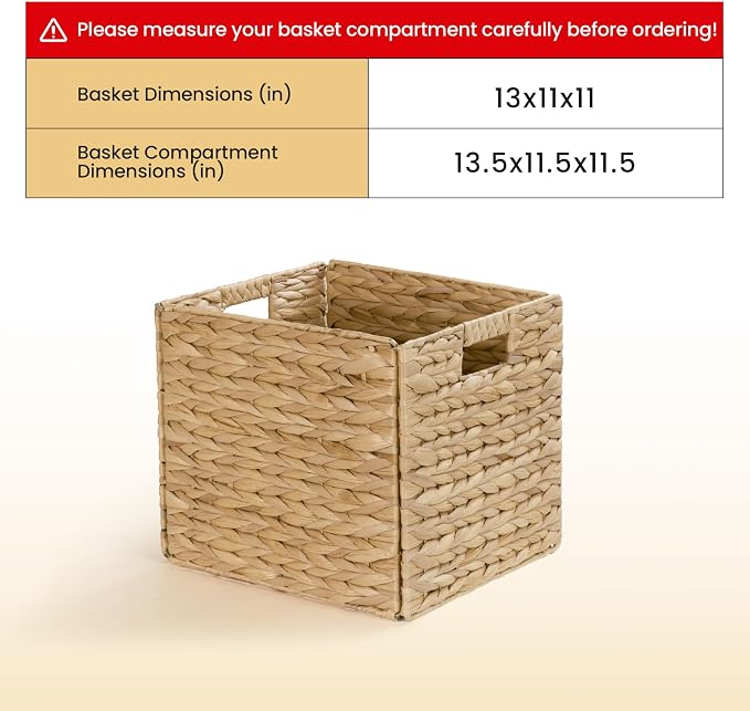Rectangular Storage Baskets 13x11in, 4 Pack Water Hyacinth Wicker Bins with Handles, Foldable Natural Organizer for Shelves Kitchen Closet, Handwoven Storage Cubes - Image 3