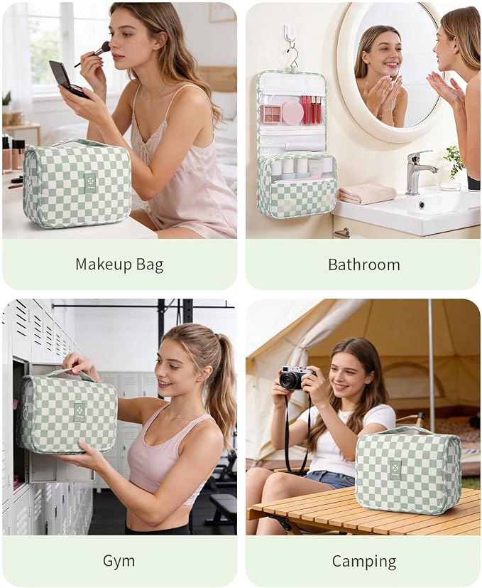 Narwey Small Hanging Travel Toiletry Bag for Traveling Women, Checkered Travel Bag for Toiletries, Makeup Bag Organizer Make Up Cosmetic Bags, Gifts for Kids Teen Girls (Mint Green Checkerboard) - Image 8