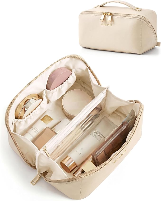 BAGSMART Makeup Bag Travel Cosmetic Bag,Women Toiletry Case, Cream Beige | Make Up Bag Flat Open Toiletry Bag for Women, PU Leather Travel Essentials Wide-open Skincare,Brushes Organizer Case Large by BAGSMART