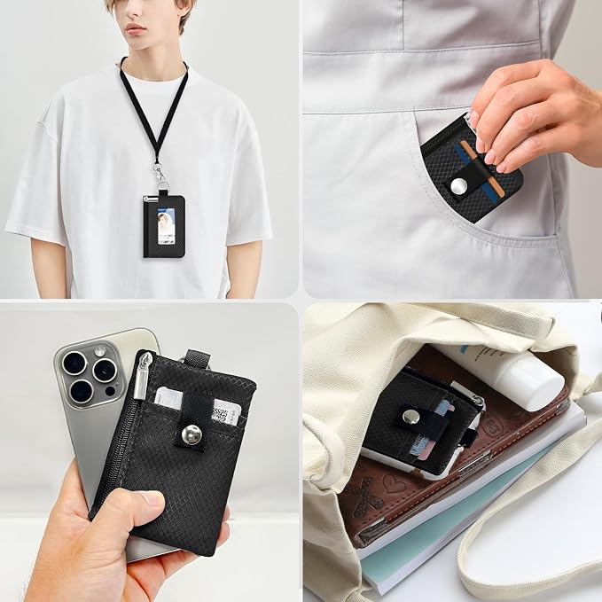 Minimalist RFID Blocking Small Wallet with ID Window,WaterResistant Zip Id Case Wallet with Lanyard Keychain for Cards,Cash,Travel,Women,Men (Black) - Image 9
