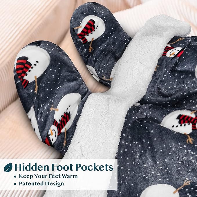 PAVILIA Sherpa Blanket with Sleeves, Foot Pocket for Women Men Adults, Thick Wearable Blanket Throw Wrap, Fleece Warm Snuggle Blanket Robe, Cozy Gift Ideas Wife Mom, Snowman Gray - Image 2