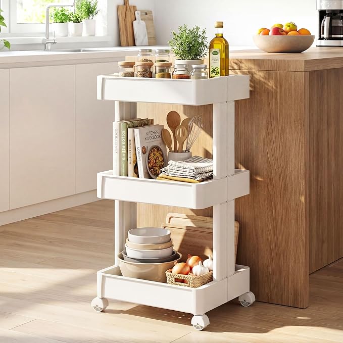 Giantex 3-Tier Rolling Storage Cart, Slide Out Plastic Organizer Rack with Wheels, Mobile Utility Cart w/Shelving Unit for Kitchen, Bathroom, Office, Laundry Room,15.5"x14.5"x30" - Image 2