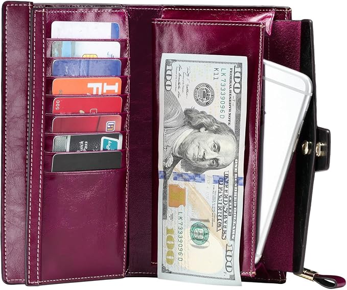 Itslife Womens Wallet RFID Blocking Large Capacity Luxury Wax Genuine Leather Wallets Clutch Wallet Ladies Card holder, Fuchsia - Image 5