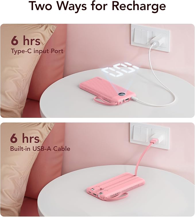VRURC Portable Phone Charger, Built-in 4 Cables USB C Power Bank 10000mAh | Slim Power Bank for Travel,5 Output 2 Inpput Charging Bank,Multi Devices Battery Pack for iPhone,Android-Barbie Pink(1 Pack) - Image 7