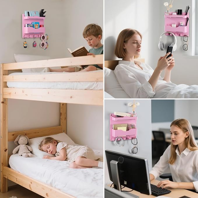 Pink Bedside Shelf Organizer - Wall Mount Phone Holder with Glasses Hook & 50 Motivational Stickers for Girls Bedroom Dorm Decor - Image 9