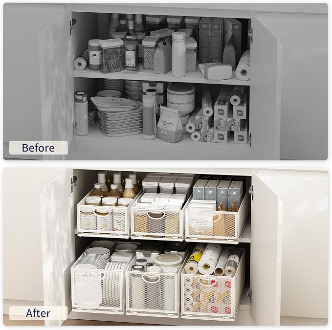 Pull Out Cabinet Organizer, No Drill Adhesive Sliding Drawers for Kitchen, Metal Mesh Wire Storage Shelf for Pantry & Under Sink, White (9.6" W x 15.7" D x 6.1" H) - Image 5