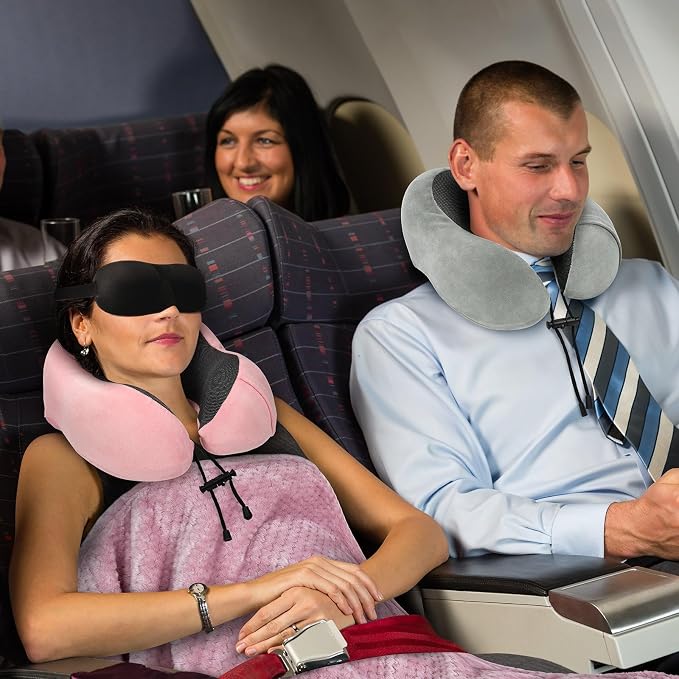 urnexttour Travel Pillow and Blanket Set Neck Pillow Airplane Memory Pink | 43x60 Inch Plane Blanket, Traveling Compact Storage Bag, Eye Mask, and Earplugs for Ultimate Flight Comfort, Women and Men - Image 9