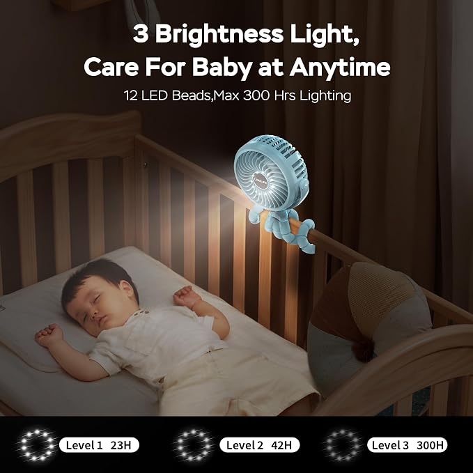 COMLIFE Baby Stroller Fan With Light, Rechargeable Battery Operated, Max 10Hrs Cooling, 3 Speeds, 360° Rotate USB Desk Fan, Flexible Tripod Clip On Fan for Stroller Car Seat Crib Treadmill Golf Cart - Image 3