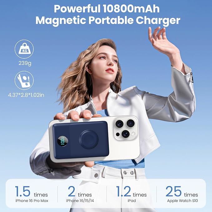 Magnetic Portable Charger 10800mAh with Built-in Cables,Wireless Power Bank for Magsafe,25W PD Fast Charging USB-C Travel Essentials Battery Pack for iPhone 17/16/15/14/13/12 Series,Apple Watch-Blue - Image 2