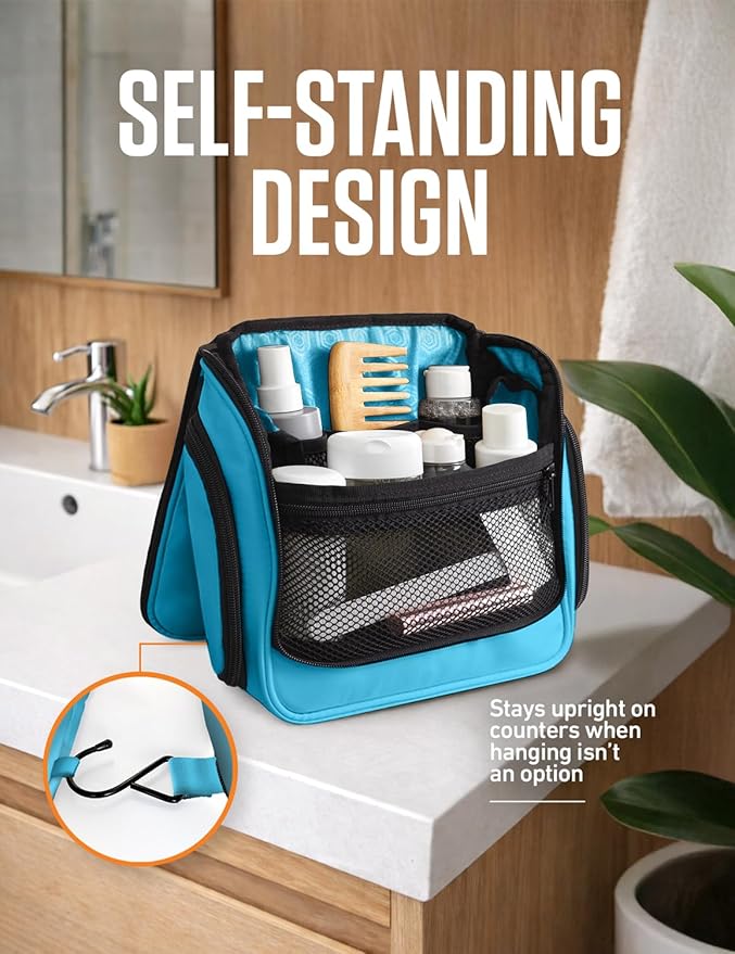 VENTURE 4TH Hanging Travel Toiletry Bag 18 Compartments - Tiffany Blue | Hangs on rails, hooks or doors; stands upright. Removable TSA pouch. Water-resistant Nylon 290D Twill, reinforced stitching. - Image 5