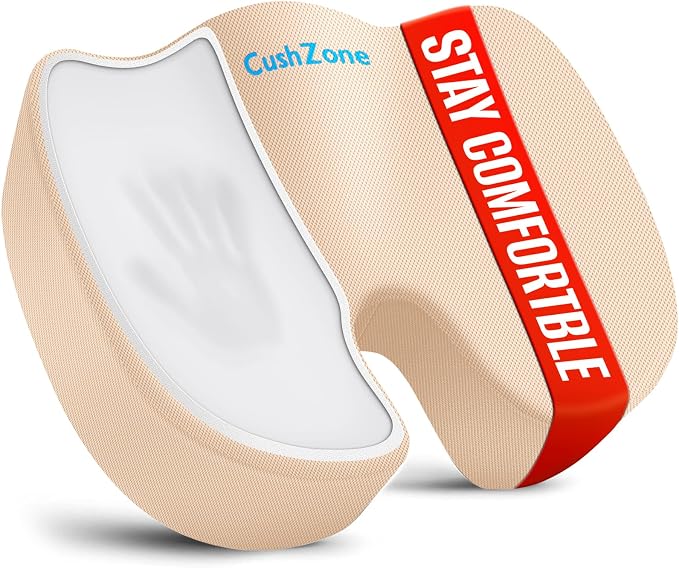 CushZone XL Memory Foam Seat Cushion for Office, Car & Wheelchair, Khaki | U-shaped Coccyx Cutout, Contoured Design, Breathable Removable Mesh Cover, Non-Slip Base, Carry Handle by CushZone