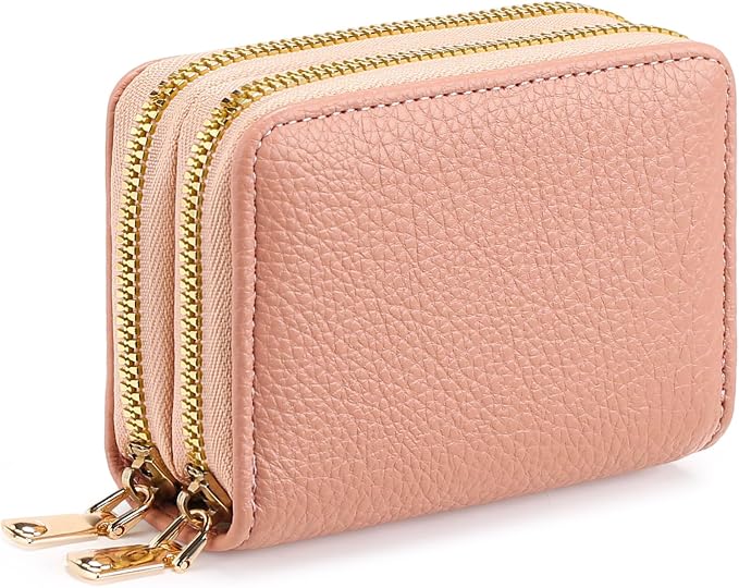 Credit Card Holder for Women Double Zipper Small Leather Card Case Wallet by FALANMULE