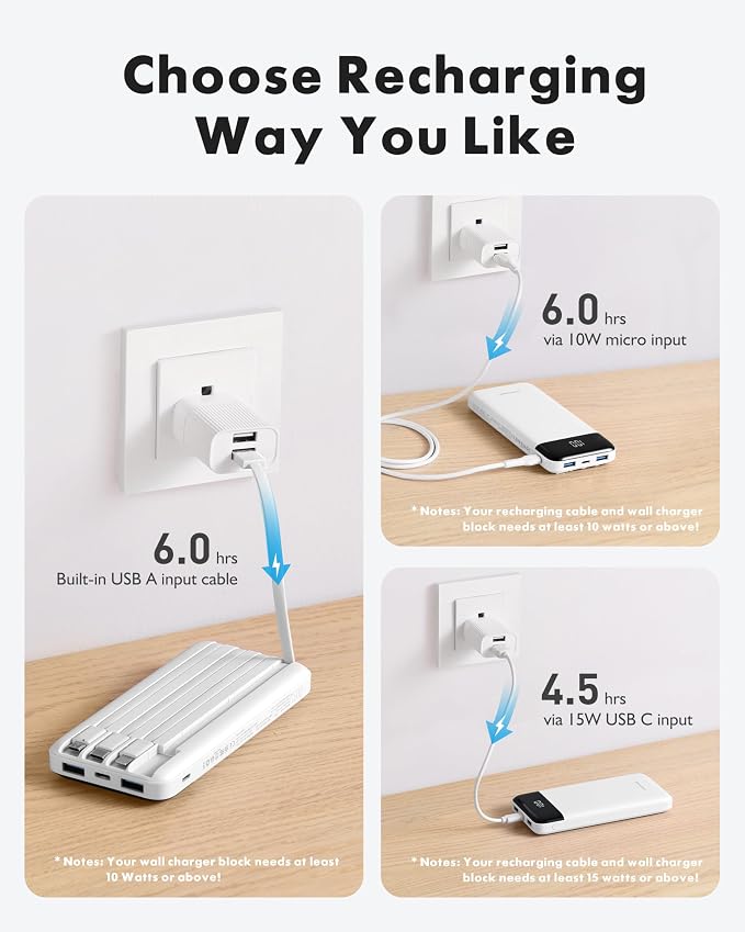 charmast Power Bank Portable Charger with Reinforced Built-in 4 Cables | 3A Fast Charging,10000mAh,6 Outputs 3 Inputs,Travel Essentials,TSA Compliant,LED Display,compatible with iPhone Samsung Moto - Image 4