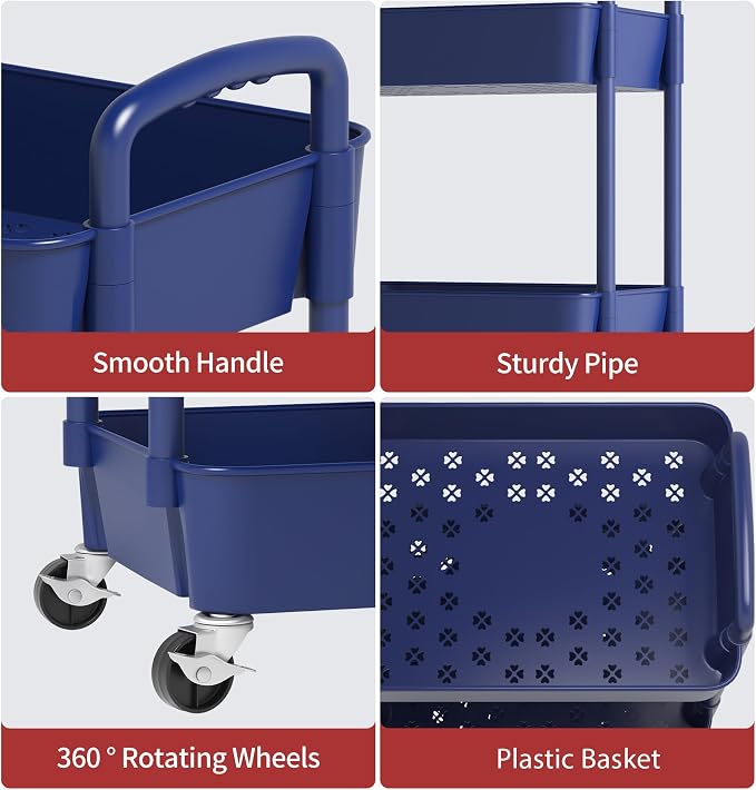 Sywhitta 3-Tier Plastic Rolling Utility Cart with Wheels for Storage,Blue | Multi-Functional Storage Trolley, for Office, Living Room, Kitchen, Bathroom,Movable Organizer,Space-Saving,Easy to assemble - Image 6