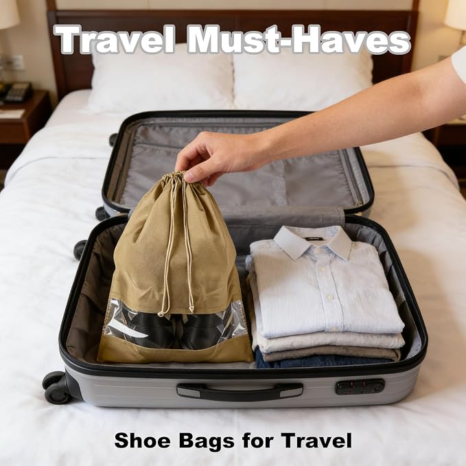 20 Pack Shoe Bags for Travel, 17" x 12.6" Drawstring Shoe Organizers with Clear Window, Breathable Non-Woven Dustproof Pouches for Luggage & Closet (khaki) - Image 4