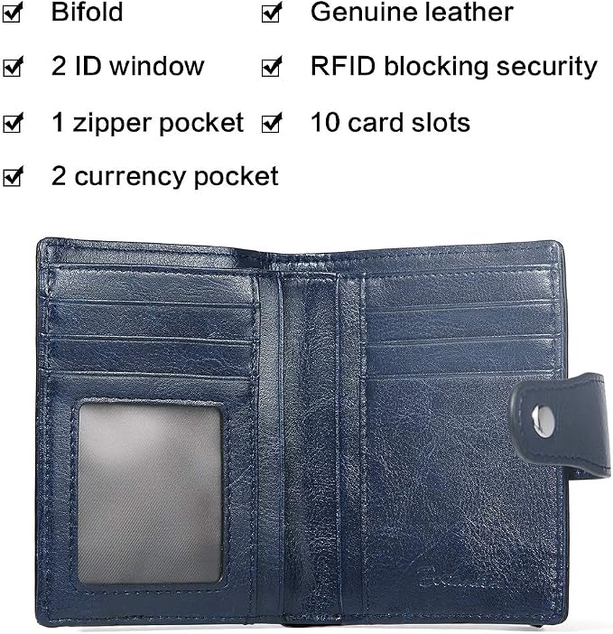 BOSTANTEN Leather Womens Wallet Small RFID Blocking Credit Card Holder | Removable ID Window, Zipper Coin Pocket, Bifold, Minimalist, Fits Small Purses, Daily Use, Ladies Gifts, Blue - Image 2