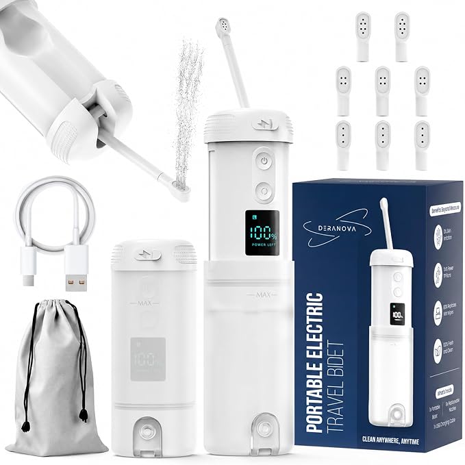 High-Pressure Portable Bidet for Travel – Electric, USB Rechargeable with Strong, Targeted Spray for a Clean Feel Anywhere, Waterproof & Ideal for Postpartum Care by DERANOVA