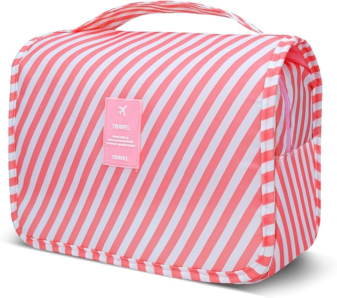 Lcsmaokin Large Capacity Toiletry Bag Travel Bag with Hanging Hook for Men and Women Waterproof Travel Cosmetic Bag Bathroom Storage Bag for Brushes Set, Full-Sized Shampoo,Accessories(Pink Stripe) by Lcsmaokin
