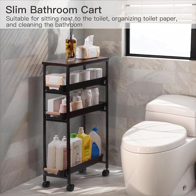 5 Tier Narrow Slim Rolling Cart Wood Top Storage Cart Black | 5 tier narrow rolling cart slides into 8 inch gaps, while solid wood top provides durable storage over plastic surfaces - Image 7
