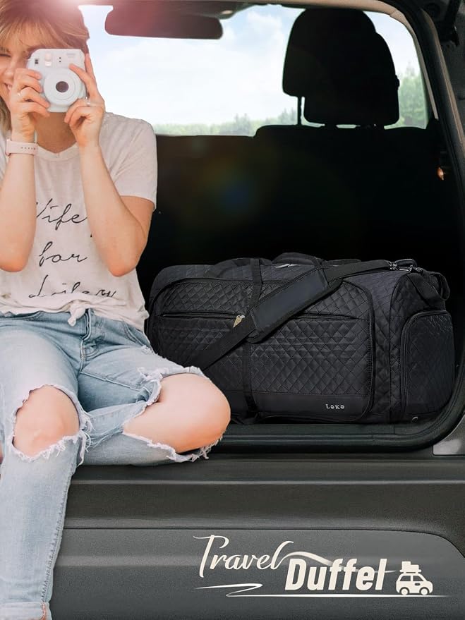 Lekesky Foldable Travel Duffel Bag for Women, 80L Large Duffle Bag with Separate Shoes Compartments & Straps, Carry On Weekend Bag for Women, Hospital, Overnight(Black Quilted) - Image 2