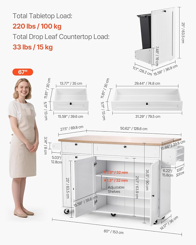 VEVOR Kitchen Island Cart with Storage, 60in Wide Mobile Kitchen Cart with Wheels, Drop Leaf, 2 Drawers, Trash Can Cabinet, Knife Holder, Spice Rack, and Towel Rack, Table for Dining Room, Pantry - Image 5