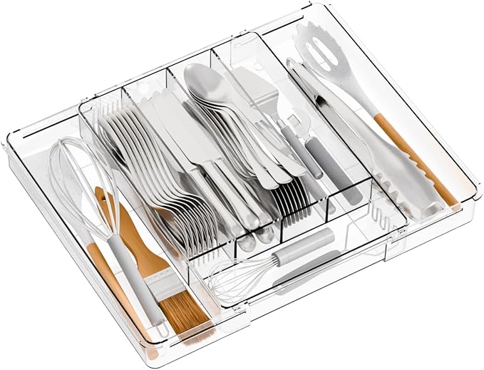 Clear Expandable Silverware Drawer Organizer,9.4-15.6In Adjustable Silverware Tray for Drawer,Acrylic Kitchen Utensil Drawer Organizer for Cutlery,Flatware Organizers and Fork and Spoon Holder by Yieach