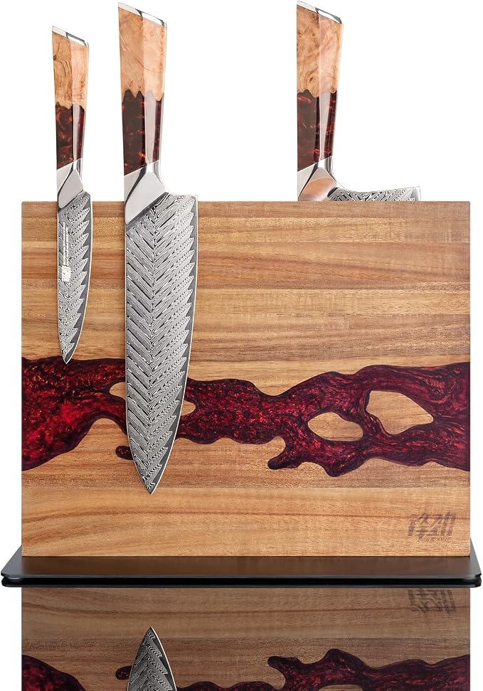 Magnetic Knife Block, Double Sided Holder, Powerful Magnet Kitchen Storage, Acacia Wood and Red Resin (12 x 10 Inches, Without Knives) by FINDKING