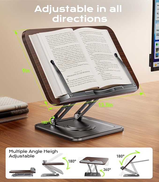 LOXP Book Stand for Reading, 360° Rotating Holder with Page Clip, Ergonomic | Adjustable height angle, Hands-free, anti-slip base, Fits tablets cookbooks magazines laptops, wood and metal, Black - Image 7