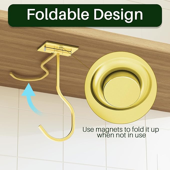 Adhesive Banana Hook Under Cabinet, Under Counter Banana Hanger, Gold | Foldable Banana Hanger, Metal Banana Holder, Hold 20 Bananas, Space-Saving Design, Folding with Magnets When Not in Use - Image 3