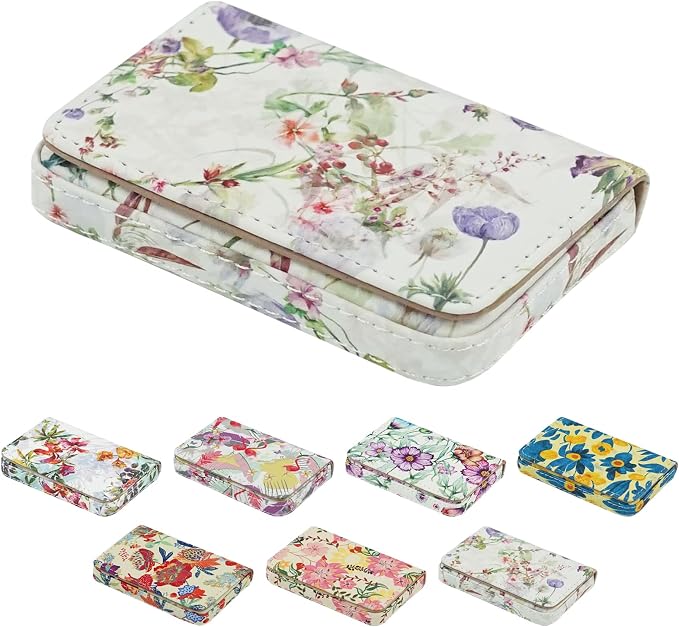 Business Card Holder，PU Leather Business Card Case Color Printing Pattern Card Holder Wallet，Pockets Magnetic Credit Card Holders for Men and Women - White Flowers by AI-DEE