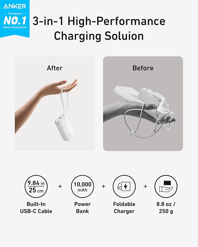 Anker Nano 3-in-1 Portable Charger,10,000mAh 30W Travel Power Bank | Battery Pack with Built-In USB-C Cable and Foldable Wall Plug, for iPhone 17 / 16 / 15 Series (Blue) - Image 2