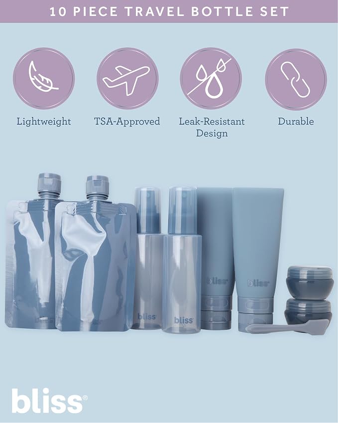 Bliss Travel Bottles Set 10 Piece TSA Approved Leak Proof Refillable | Flexible Silicone Squeeze Containers Hold Shampoo, Conditioner, Lotion & Skincare, Durable Build Makes Packing Mess-Free - Image 2