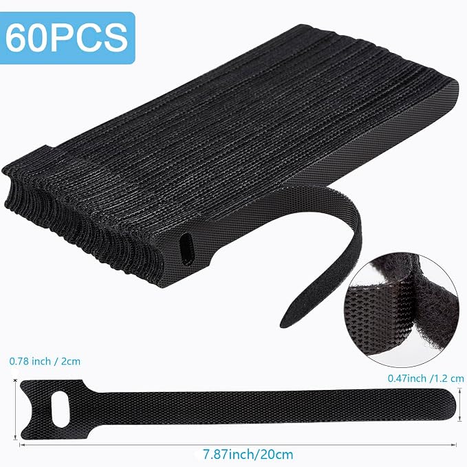 Nettbe Reusable Cable Ties, 60 PCS 8 Inches Adjustable Cord Straps Wire Organizer Cord Wrap and Hook Loop Cable Management - Image 2