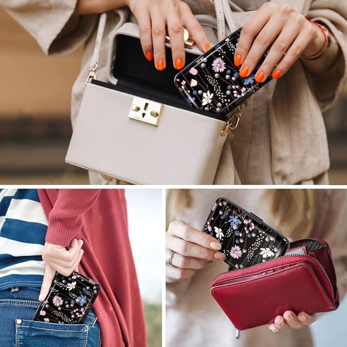 Coco Rossi Credit Card Holder RFID Aluminum Small Mini Wallet Women | Metal Wallet, Business Cards Holder, ID Case, Slim Sleeves, Womens Girls Gift, Carry Proof Wallets for Travel, Black Daisy - Image 6