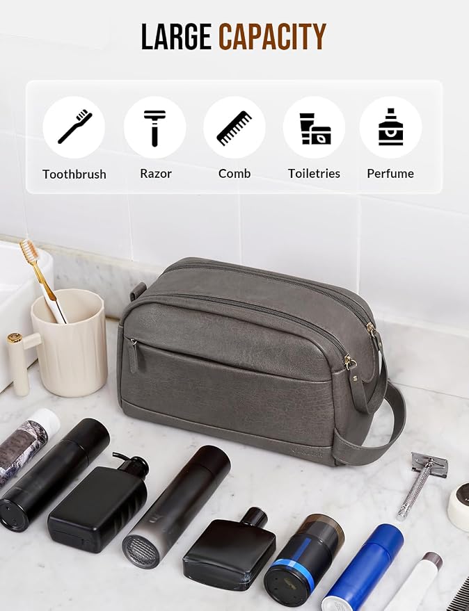 PU Leather Toiletry Bag for Men - Water Resistant Travel Bag for Toiletries, Bathroom Essentials, Accessories - Grey - Image 4