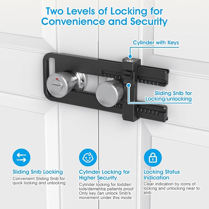 AST Childproof Double Door Security Lock, Adjustable Keyed French Door Lock | Lockout device for knobs and handles of double doors, prevent kick ins, Kids proof barricade, bigger adjustment, matte black - Image 3