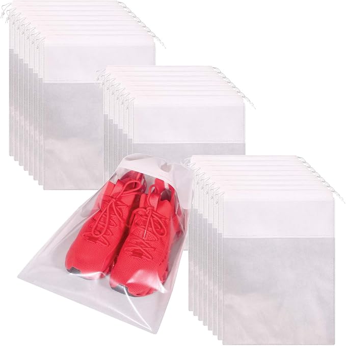 24 Pack Portable Shoe Bags for Travel Large Shoes Pouch Storage Organizer Clear Window with Drawstring for Men and Women White by TENABORT