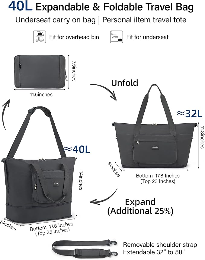 Hanke 40L Foldable Expandable Travel Tote Bag,Wet Dry Separation Laptop Weekender Carry On Bag for Travel Gym Beach Daily Use - Image 4