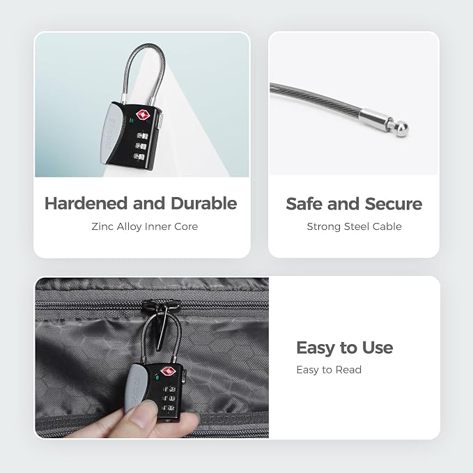 pack all TSA Approved Travel Luggage Locks, Resettable 3-Digit Code | Open Alert Indicator, Flexible Steel Cable, Zinc Alloy Body, Clear Number Dials, For Suitcase, Toolbox, Backpack, 1 Pack - Image 5
